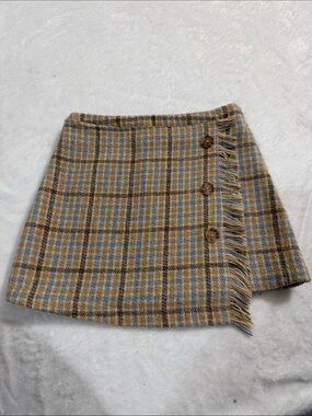 EUC GB girls tan, brown,blue plaid asymmetrical fringe skirt 6